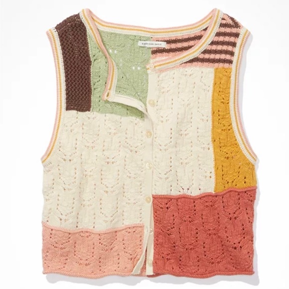 NEW American Eagle AE Patchwork Button Sweater Vest, Green/Cream/Pink, Women’s S - Picture 5 of 12
